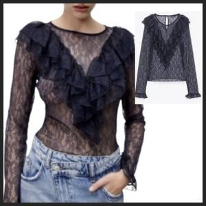NEW! ZARA Navy Long Sleeve Lace Ruffle Blouse Top Medium.